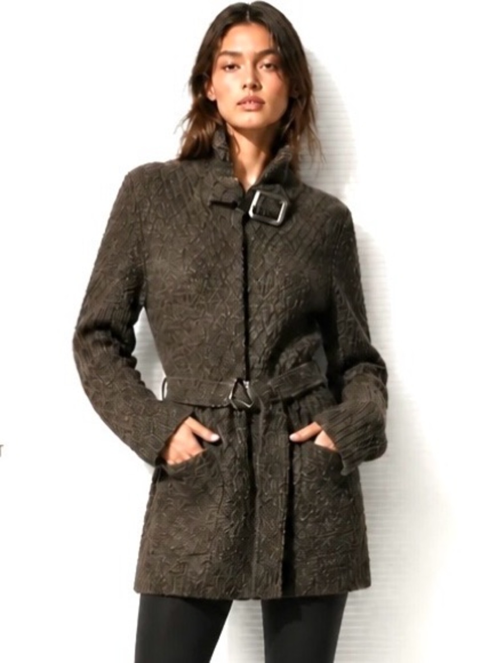 COCOGIO Cardigan Sweater Wool Alpaca Brown Chunky Tunic Belt Small